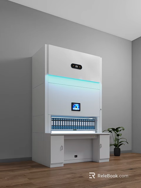 Modern White Storage Cabinet With Digital Screen Blue Lighting And File Folders 3d model 