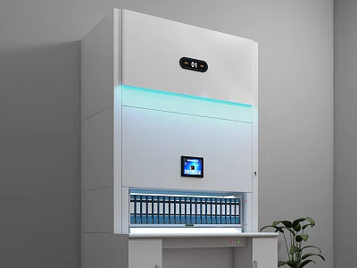 Modern White Storage Cabinet With Digital Screen Blue Lighting And File Folders 3d model