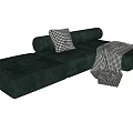 Green Velvet Sectional Sofa With Checkered Pillow And Throw Blanket 3d model