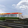 Bright Gas Station Exterior Design With Yellow Red Canopy Fuel Pumps And Vehicles