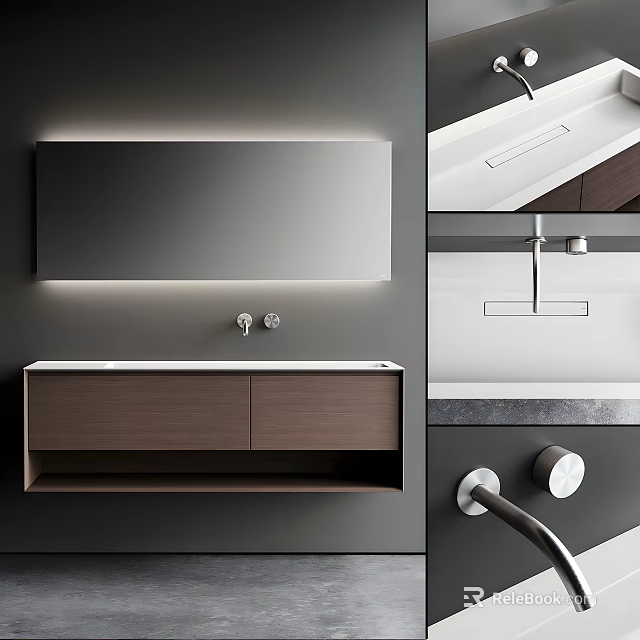 Modern Bathroom Vanity With Backlit Mirror Wooden Cabinet And White Countertop 3d model 