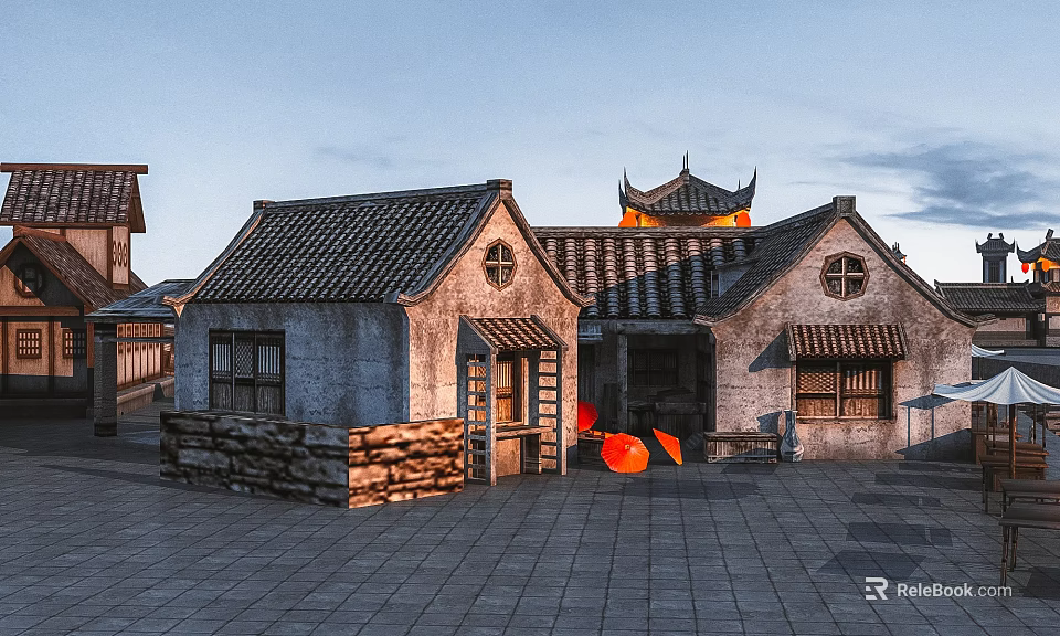 Ancient Chinese Architecture Courtyard With Traditional Roof Tiles Stone Walls And Red Lanterns 3d model 