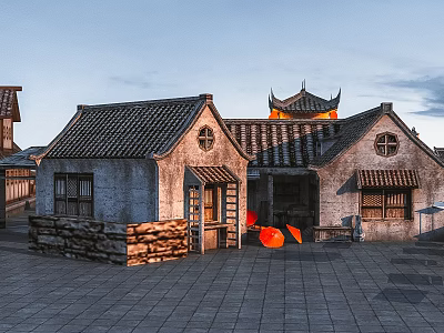 Ancient Chinese Architecture Courtyard With Traditional Roof Tiles Stone Walls And Red Lanterns 3d model