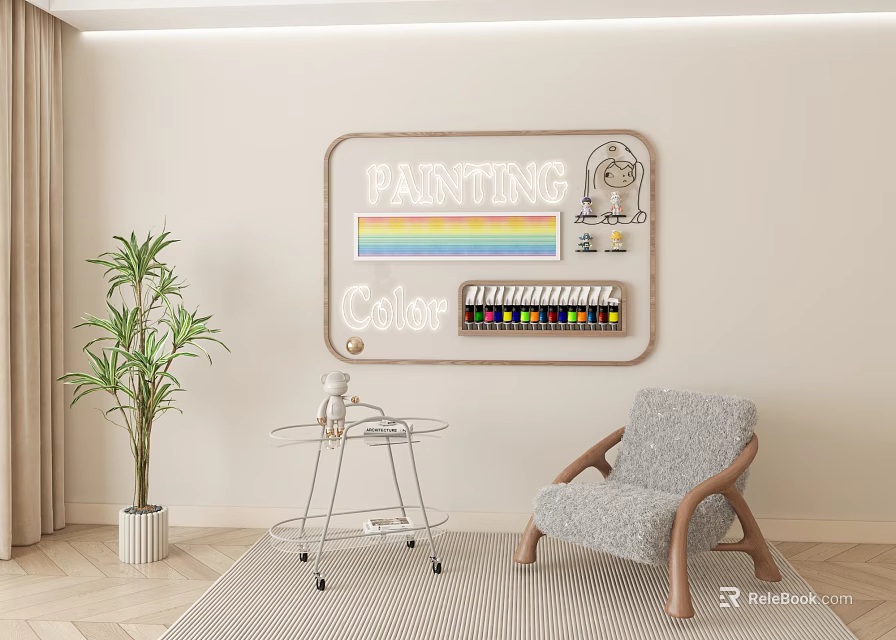 Creative Wall Decor With Painting Lettering Rainbow Color Strips and Decorative Elements In Living Room 3d model 
