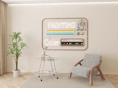 Creative Wall Decor With Painting Lettering Rainbow Color Strips and Decorative Elements In Living Room 3d model