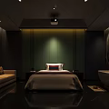 Modern Bedroom Interior With Bed TV Projector Curtains Shelves And Ambient Lighting