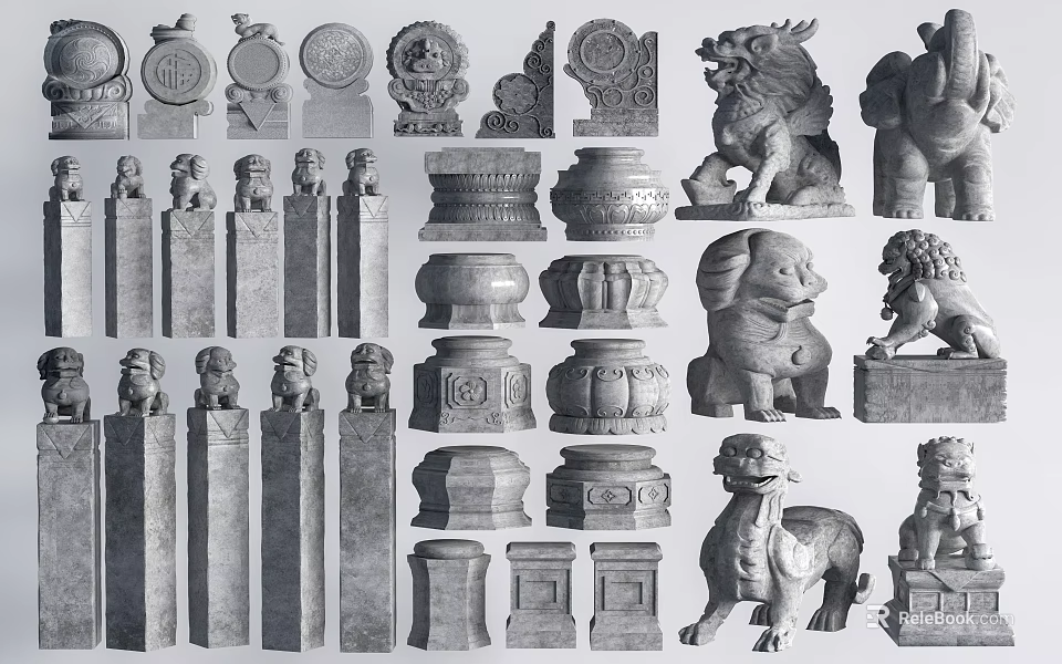 Traditional Stone Sculpture Carvings Featuring Lion Elephant Statues Pillars And Vessels 3d model 