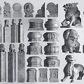 Traditional Stone Sculpture Carvings Featuring Lion Elephant Statues Pillars And Vessels