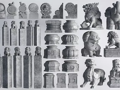 Traditional Stone Sculpture Carvings Featuring Lion Elephant Statues Pillars And Vessels 3d model