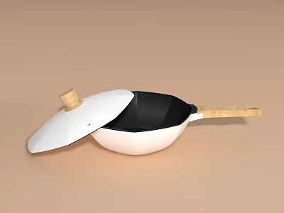 Modern Cooking Wok With White Lid Wooden Handle And Black Interior 3d model