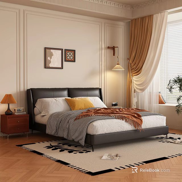Cozy Bedroom Interior With Black Leather Headboard Yellow Throw Pillow Wall Art And Curtains 3d model 