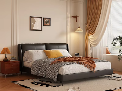 Cozy Bedroom Interior With Black Leather Headboard Yellow Throw Pillow Wall Art And Curtains 3d model