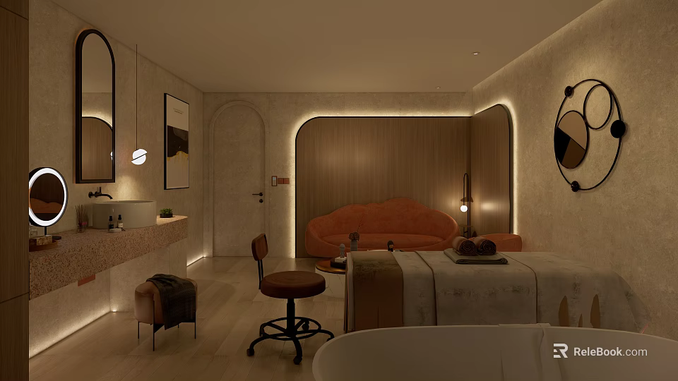 Modern Luxury SPA Interior Design With Massage Table Orange Couch And Ambient Lighting 3d model 