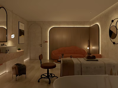 Modern Luxury SPA Interior Design With Massage Table Orange Couch And Ambient Lighting 3d model