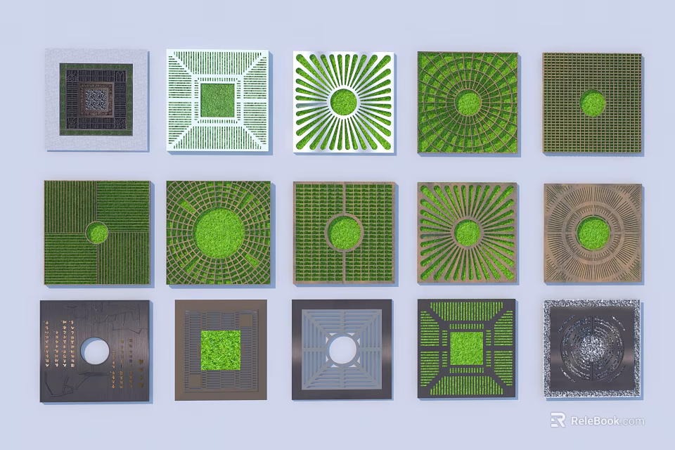 Diverse Tree Grates Designs Featuring Green Plant Centers And Decorative Patterns 3d model