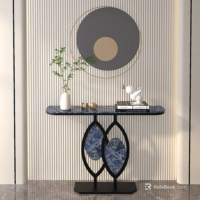 Modern Console Table with Circular Mirror Potted Plant Decorative Items and Metal Frame 3d model