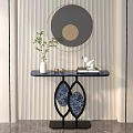 Modern Console Table with Circular Mirror Potted Plant Decorative Items and Metal Frame 3d model