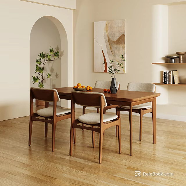 Modern Wooden Dining Table Set With Four Chairs Fruit Vase And Abstract Painting 3d model 