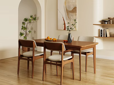 Modern Wooden Dining Table Set With Four Chairs Fruit Vase And Abstract Painting 3d model