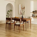 Modern Wooden Dining Table Set With Four Chairs Fruit Vase And Abstract Painting