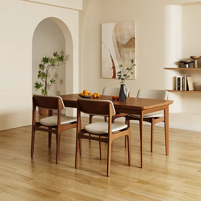 Modern Wooden Dining Table Set With Four Chairs Fruit Vase And Abstract Painting 3d model