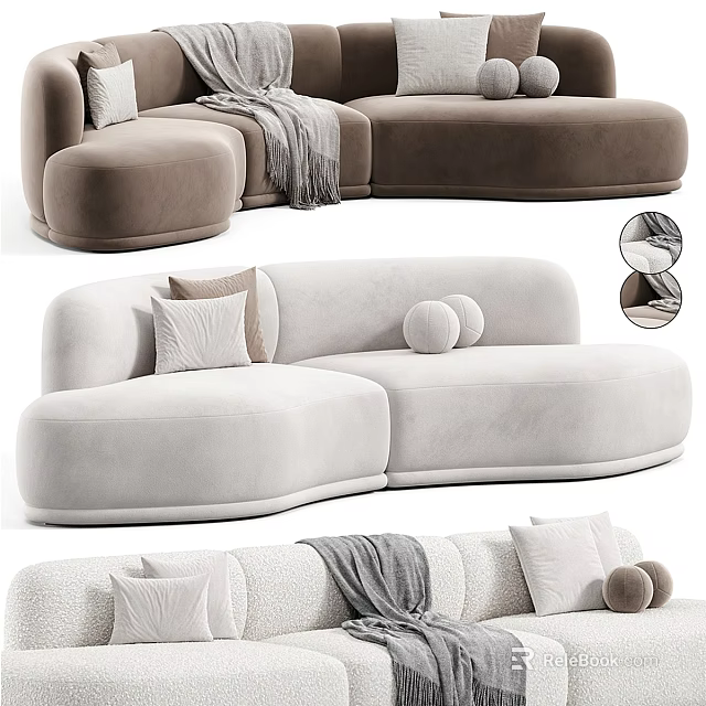 Modern Sectional Sofa with Soft Velvet Upholstery Light Beige Color Round Pillows and Throw Blanket 3d model 