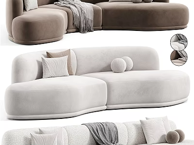 Modern Sectional Sofa with Soft Velvet Upholstery Light Beige Color Round Pillows and Throw Blanket 3d model