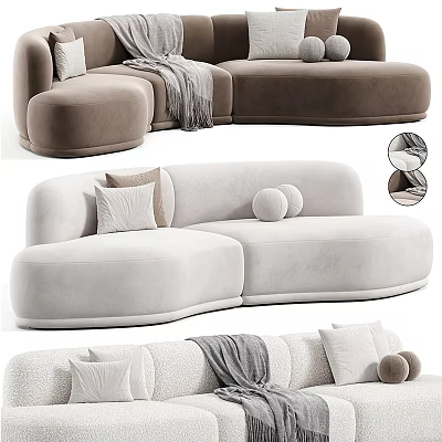 Modern Sectional Sofa with Soft Velvet Upholstery Light Beige Color Round Pillows and Throw Blanket 3d model