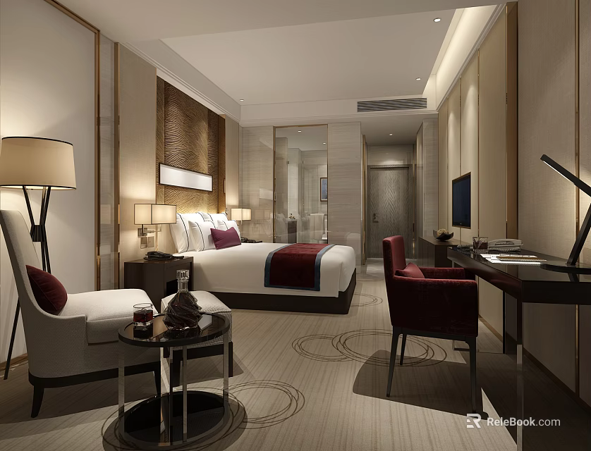 Modern Hotel Guest Room Interior With Comfortable Bed Decorative Pillows Red Armchair And Work Desk 3d model 