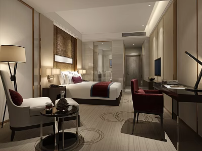 Modern Hotel Guest Room Interior With Comfortable Bed Decorative Pillows Red Armchair And Work Desk 3d model