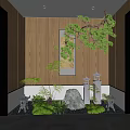 Indoor Landscape Design With Wooden Wall Pine Tree Rock And Stone Lanterns
