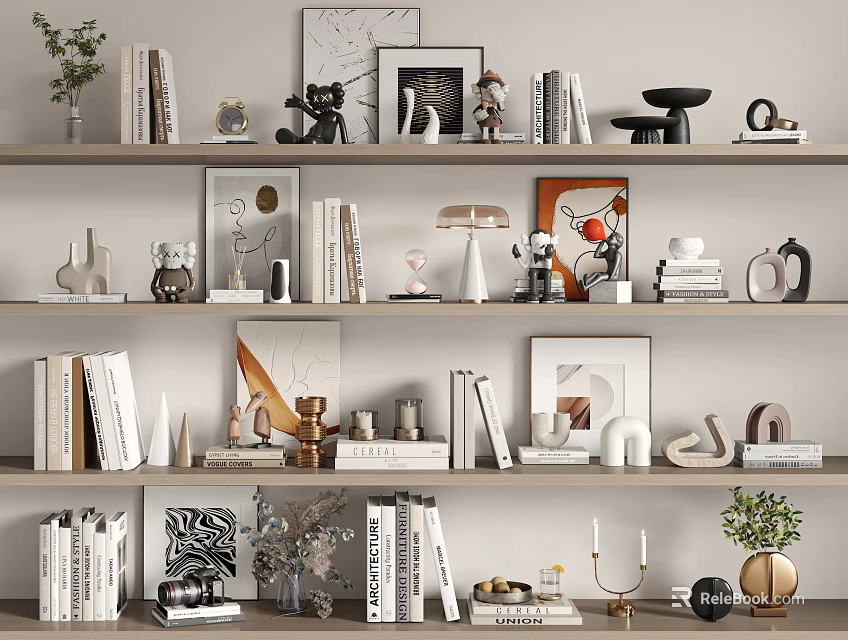 Stylish Decorative Ornament Set With Books Frames Vases On Shelves 3d model 