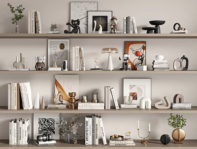 Stylish Decorative Ornament Set With Books Frames Vases On Shelves 3d model