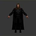 Man With Long Hair Wearing Black Armor And Purple Cape Standing Against Gray Background