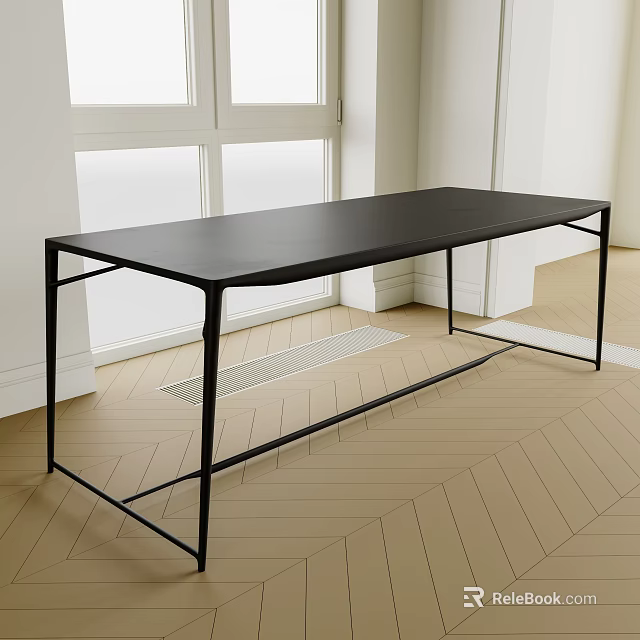 Black Office Desk with Black Metal Frame in Bright Room Herringbone Wooden Floor 3d model 