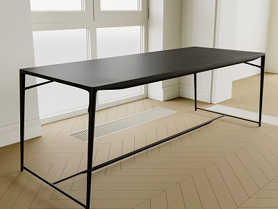 Black Office Desk with Black Metal Frame in Bright Room Herringbone Wooden Floor 3d model