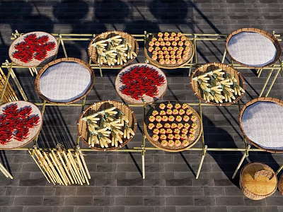 Rural Courtyard Landscape Drying Autumn Corn Rack Folk Drying Rack Drying Pepper and Corn Harvest Landscape Essays 3d model