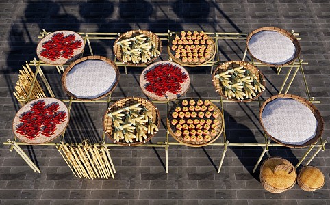 Rural Courtyard Landscape Drying Autumn Corn Rack Folk Drying Rack Drying Pepper and Corn Harvest Landscape Essays 3d model