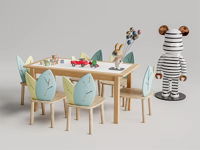Kids Table with Leaf Shaped Chairs and Toys Including Zebra Doll and Balloons 3d model