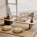 Japanese Style Tea Table and Chairs with Tea Set Round Cushions on Woven Mat