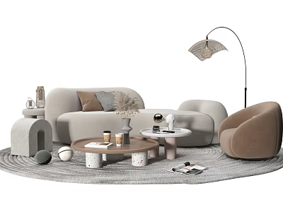 Modern Sofa Coffee Table Combination With Round Table Soft Pillows Floor Lamp And Area Rug 3d model