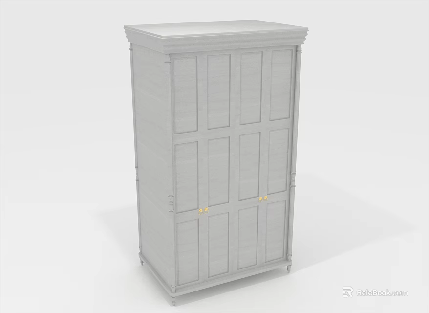 Modern Light Gray Wardrobe With Six Panel Doors And Golden Handles 3d model 