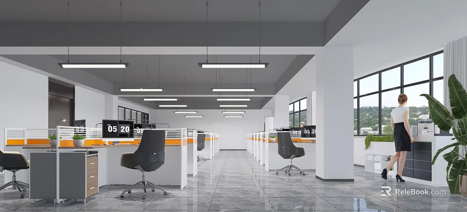 Open Public Office Space With Workstations Computers Black Chairs And Linear Hanging Lights 3d model