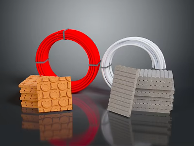 Assorted Construction Supplies With Red White Coiled Tubes And Orange Gray Blocks 3d model