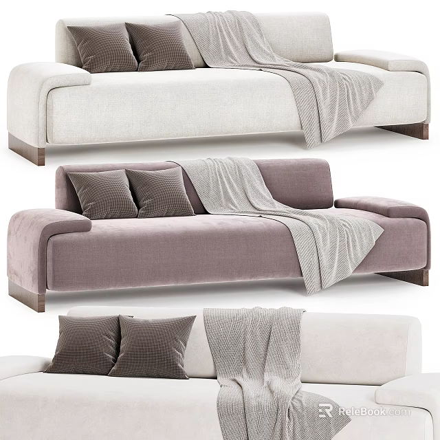 Modern Beige and Purple Three-Seater Sofa with Gray Pillows and Cozy Blanket 3d model 
