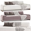 Modern Beige and Purple Three-Seater Sofa with Gray Pillows and Cozy Blanket