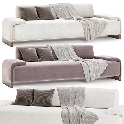 Modern Beige and Purple Three-Seater Sofa with Gray Pillows and Cozy Blanket 3d model