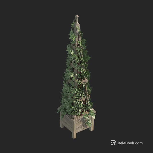 Potted Bonsai Plant On Wooden Tiered Tower Stand With Green Vining Leaves 3d model 