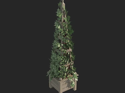 Potted Bonsai Plant On Wooden Tiered Tower Stand With Green Vining Leaves 3d model
