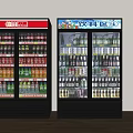 Commercial Double Door Beverage Display Refrigerators Filled with Bottled and Canned Drinks